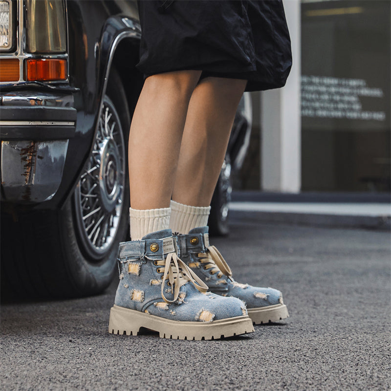 MLB LTHR-14 Distressed Denim Combat Boots - Sneakernational