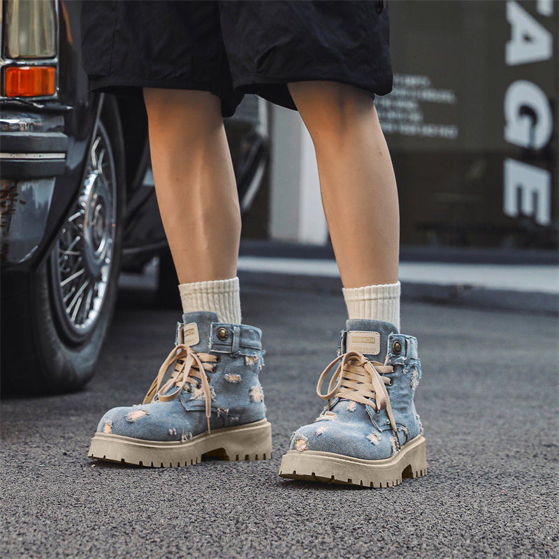 MLB LTHR-14 Distressed Denim Combat Boots - Sneakernational