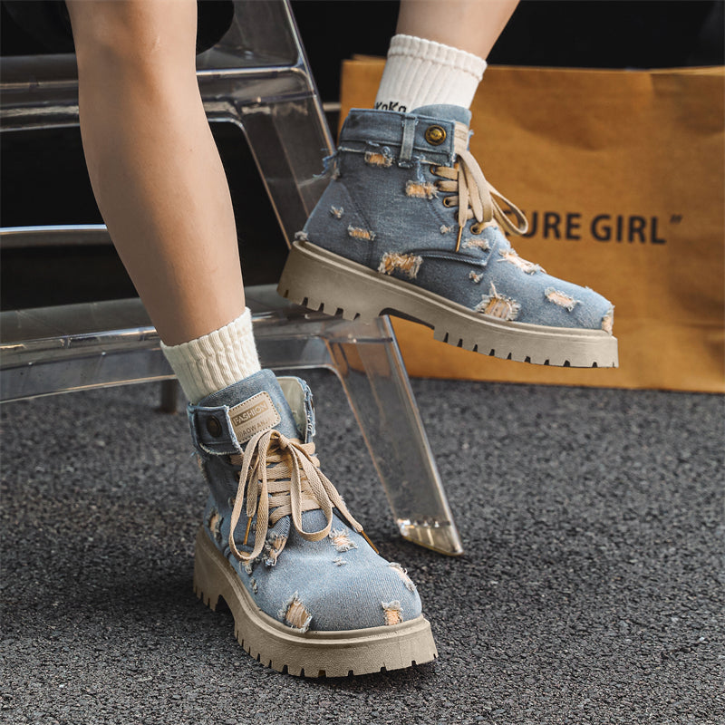 MLB LTHR-14 Distressed Denim Combat Boots - Sneakernational