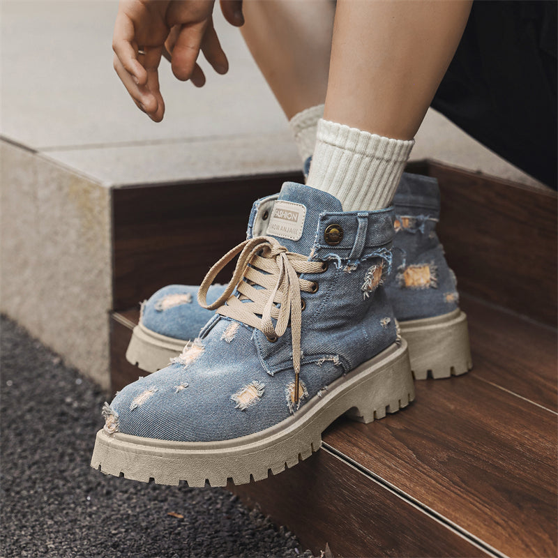 MLB LTHR-14 Distressed Denim Combat Boots - Sneakernational