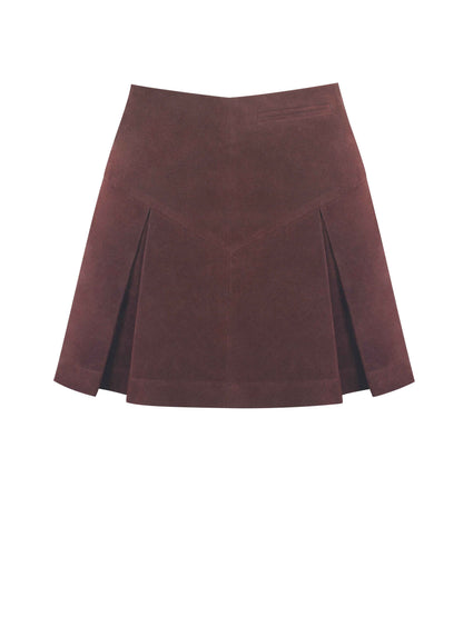 Faryn Mahogany Vegan Suede Pleated A-Line Mini Skirt