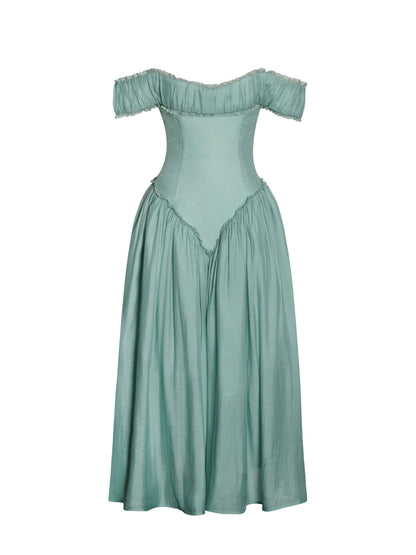 Xavy Teal Green Off Shoulder Corset Midi Dress