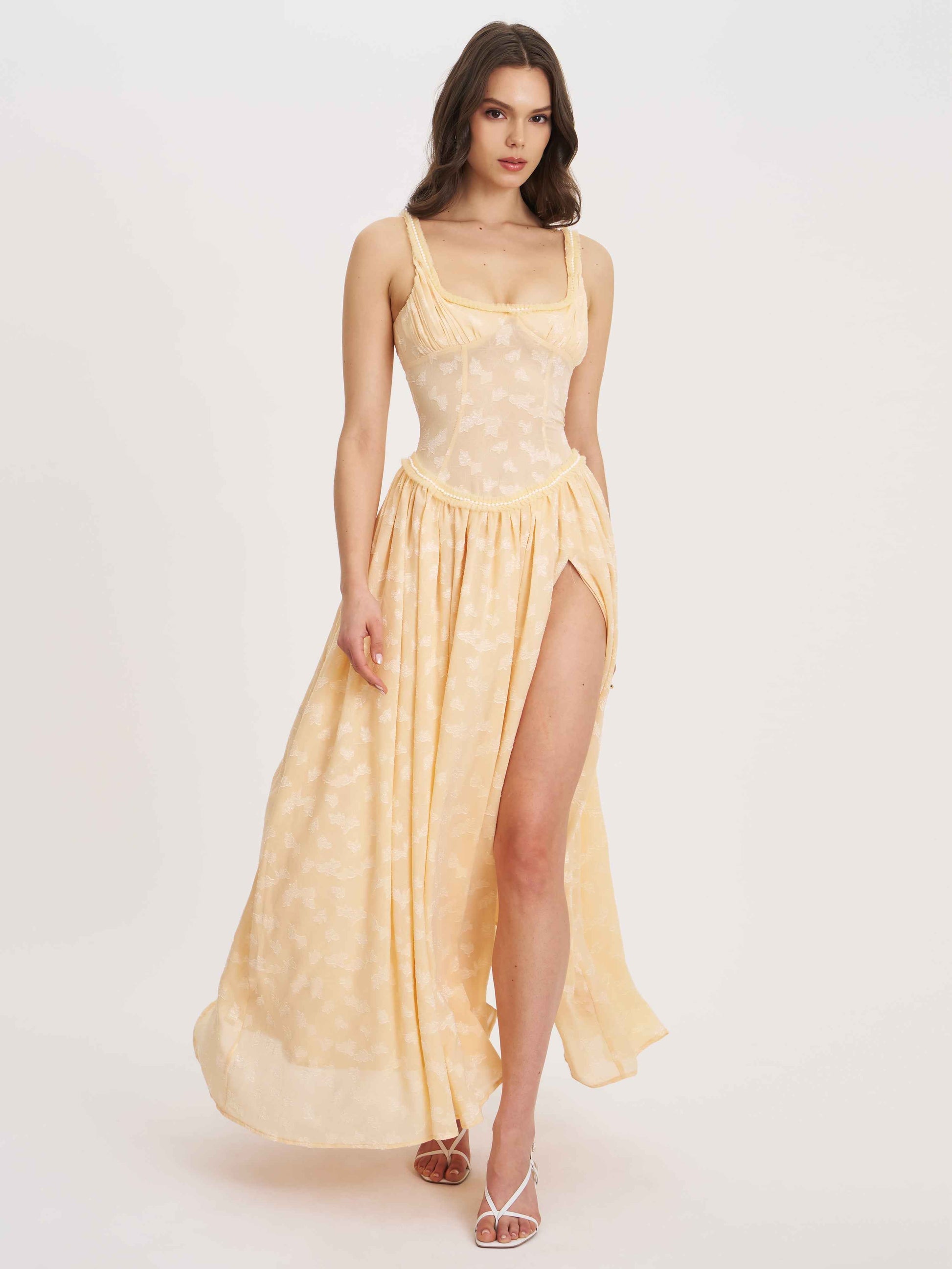 Ulissa Orange Square Neck Jacquard Textured High Slit Maxi Dress