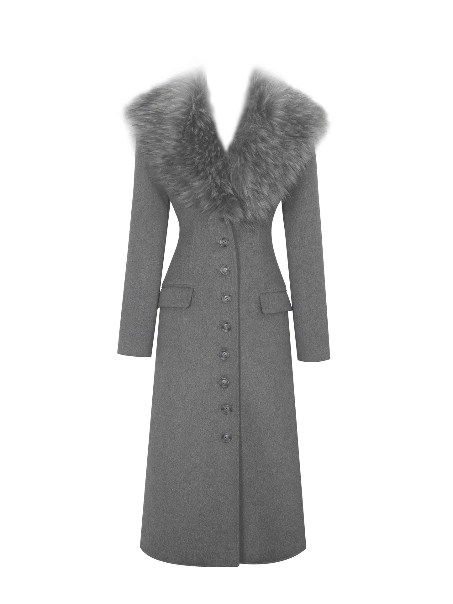 Faye Grey Wool Blend Single-Breasted Coat with Removable Faux Fur Collar