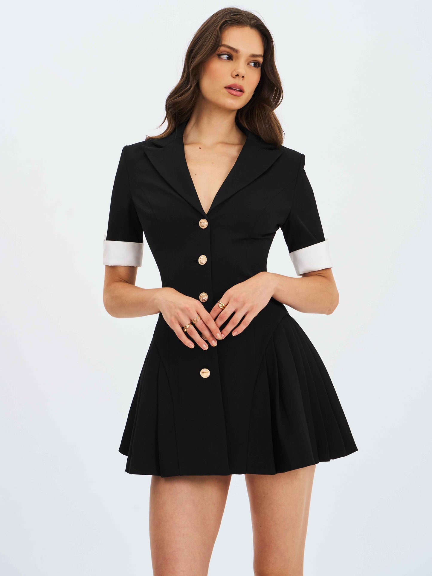 Ilitha Black Woven Crepe Pleated Mini Blazer Dress
