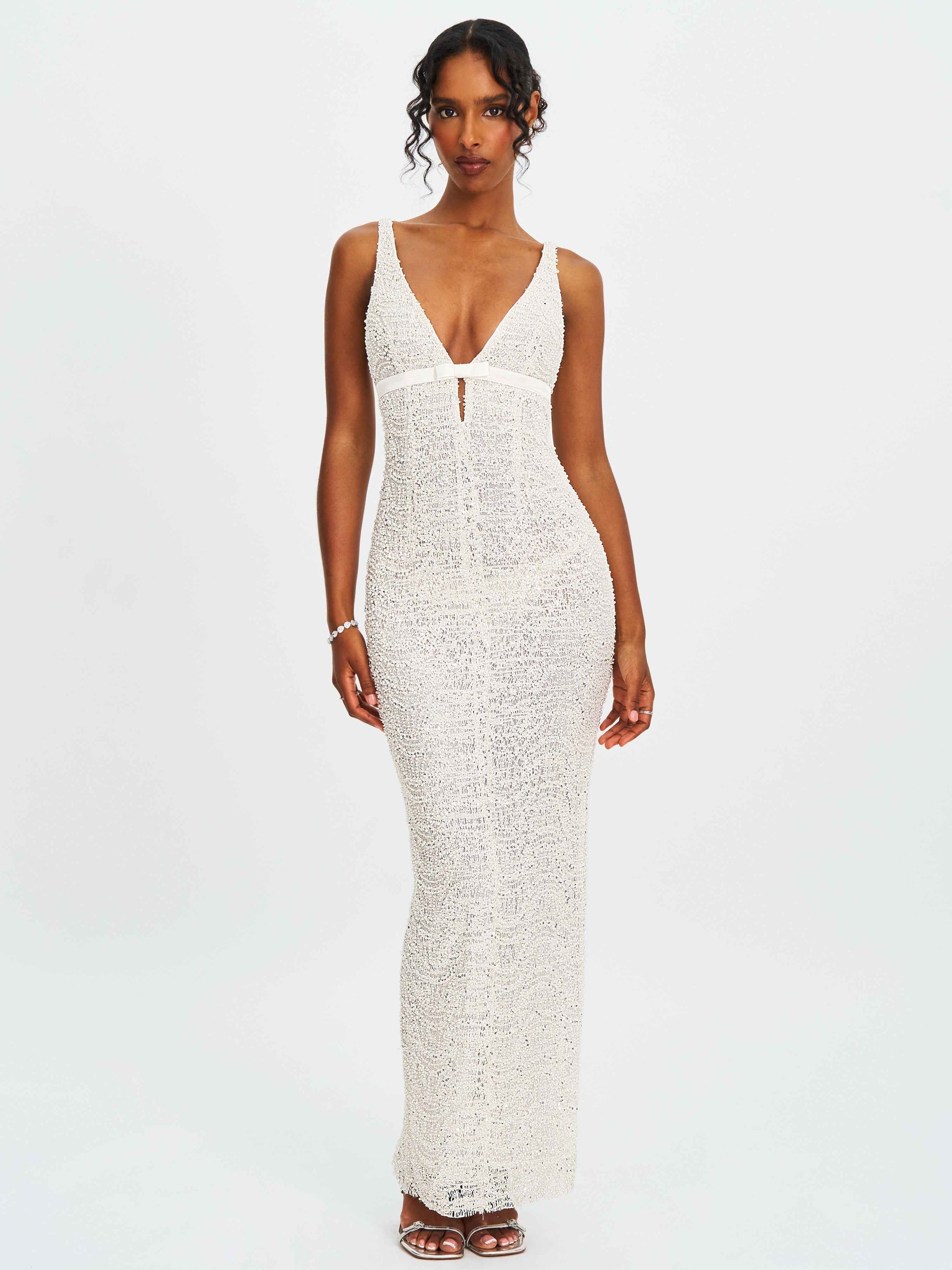 Adelaide White Beaded Sequin Net Bodycon Gown