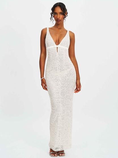 Adelaide White Beaded Sequin Net Bodycon Gown