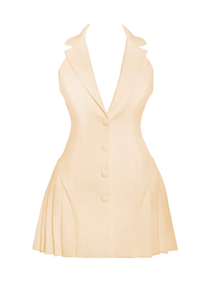 Reyna Beige Backless Pleated Mini Blazer Dress