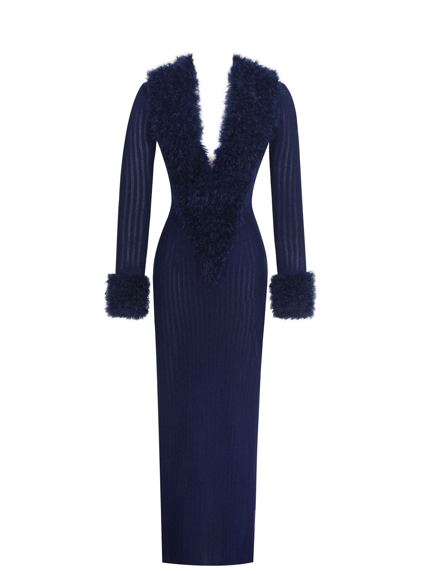 Romina Navy Plunging Fur Trimmed Crochet Maxi Dress