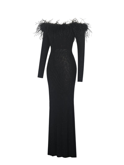Emberly Black Fur Trimmed Off-Shoulder Rhinestone Mermaid Maxi Dress