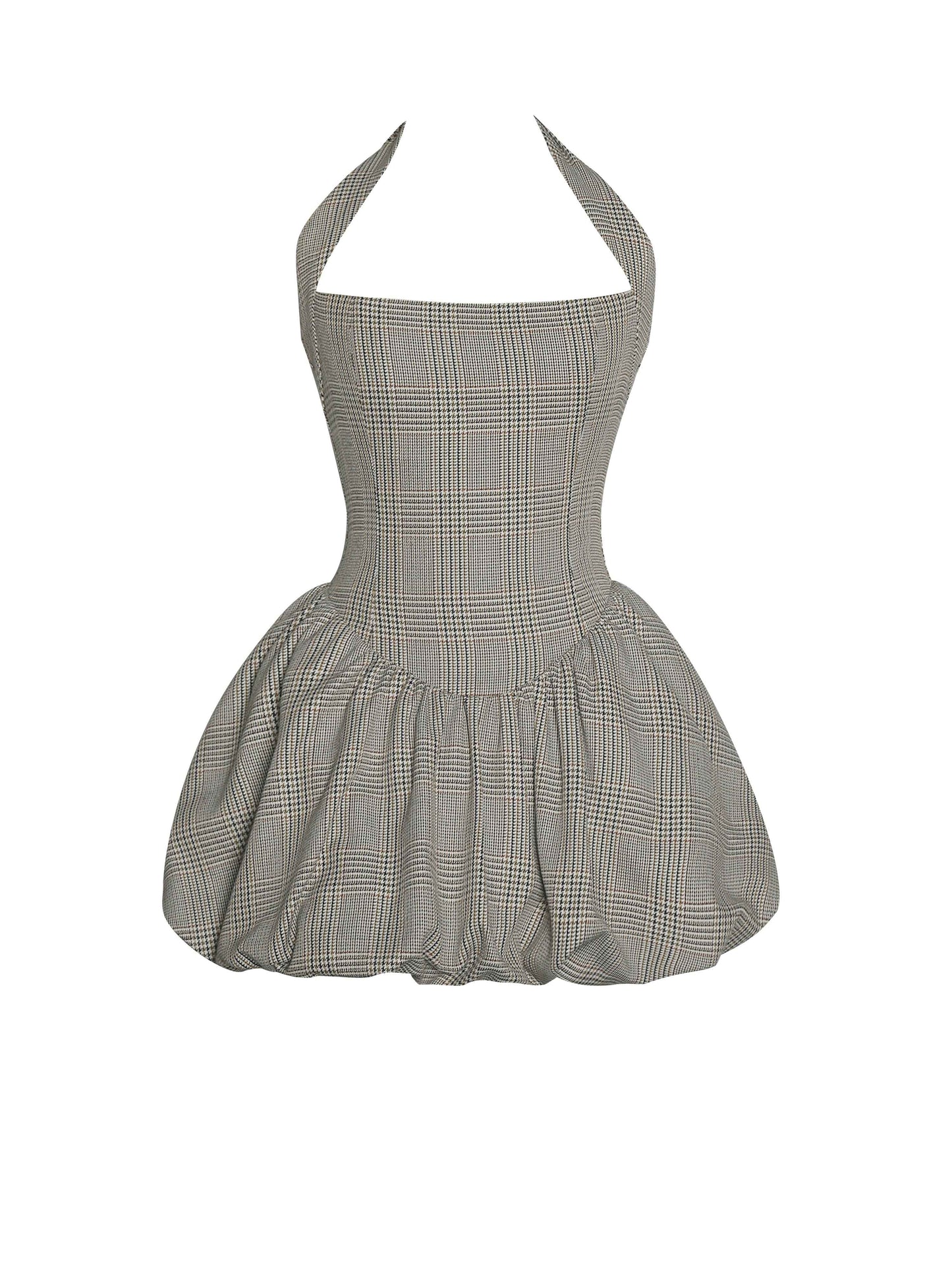 Dacia Plaid Halter Lace-up Bubble Mini Dress
