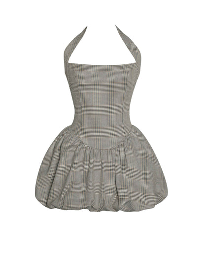Dacia Plaid Halter Lace-up Bubble Mini Dress
