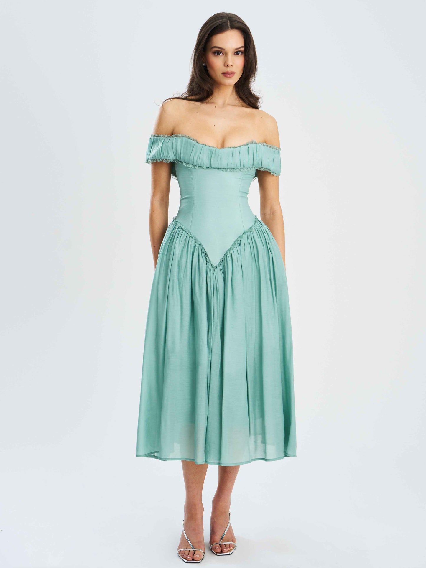 Xavy Teal Green Off Shoulder Corset Midi Dress