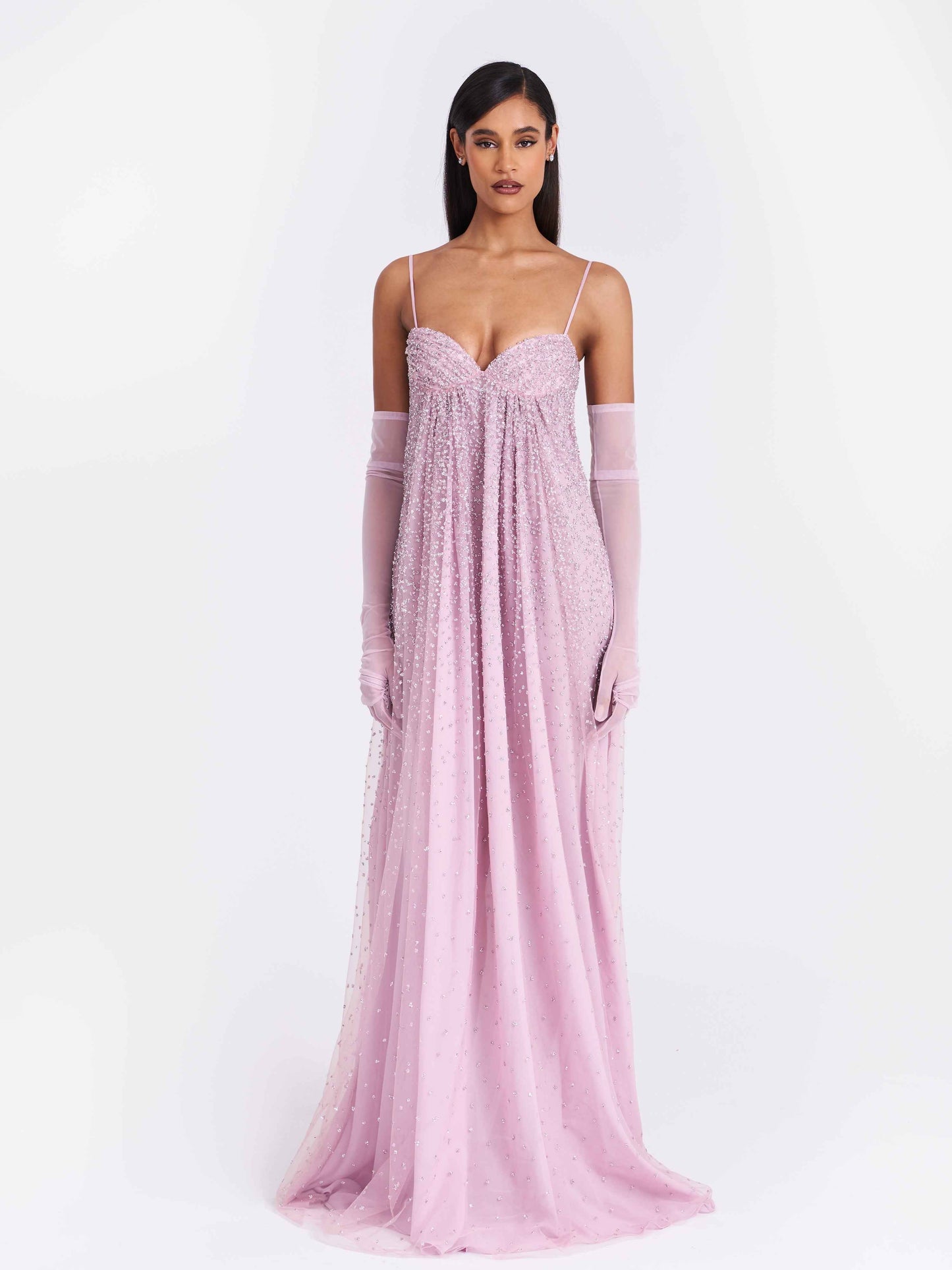 Wallie Pink Rhinestone Embellished Mesh Backless Gown
