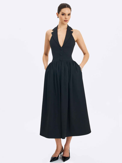 Delaney Black Lapel Halter Midi A-Line Dress