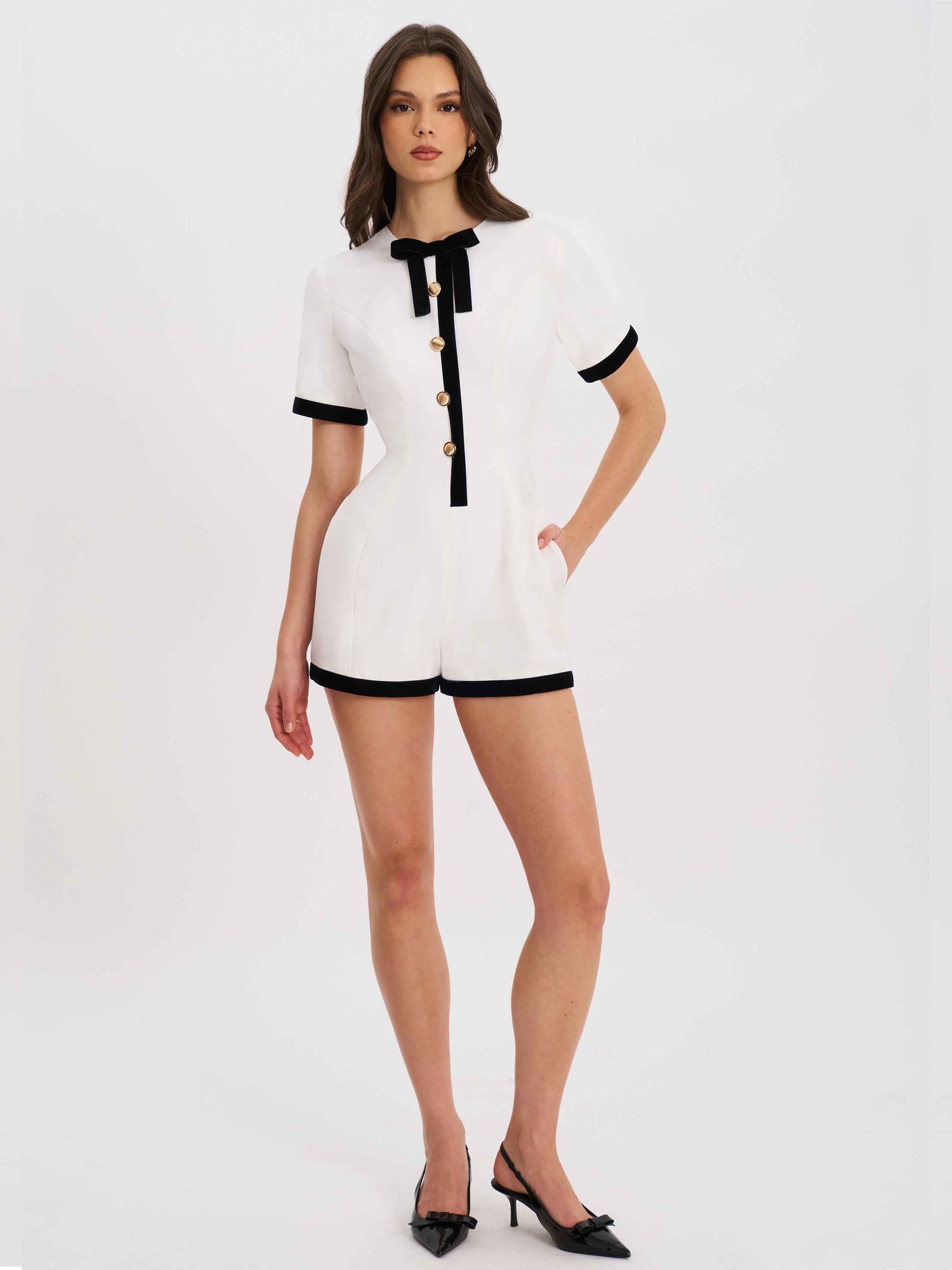 Idina Business Casual White Romper with Black Trim
