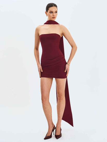 Ovelia Crimson Satin Ribbon Strapless Mini Dress
