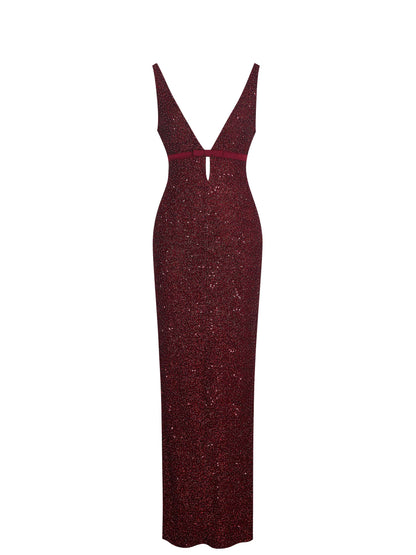Elora Crimson Sequin Beaded Keyhole Maxi Dress