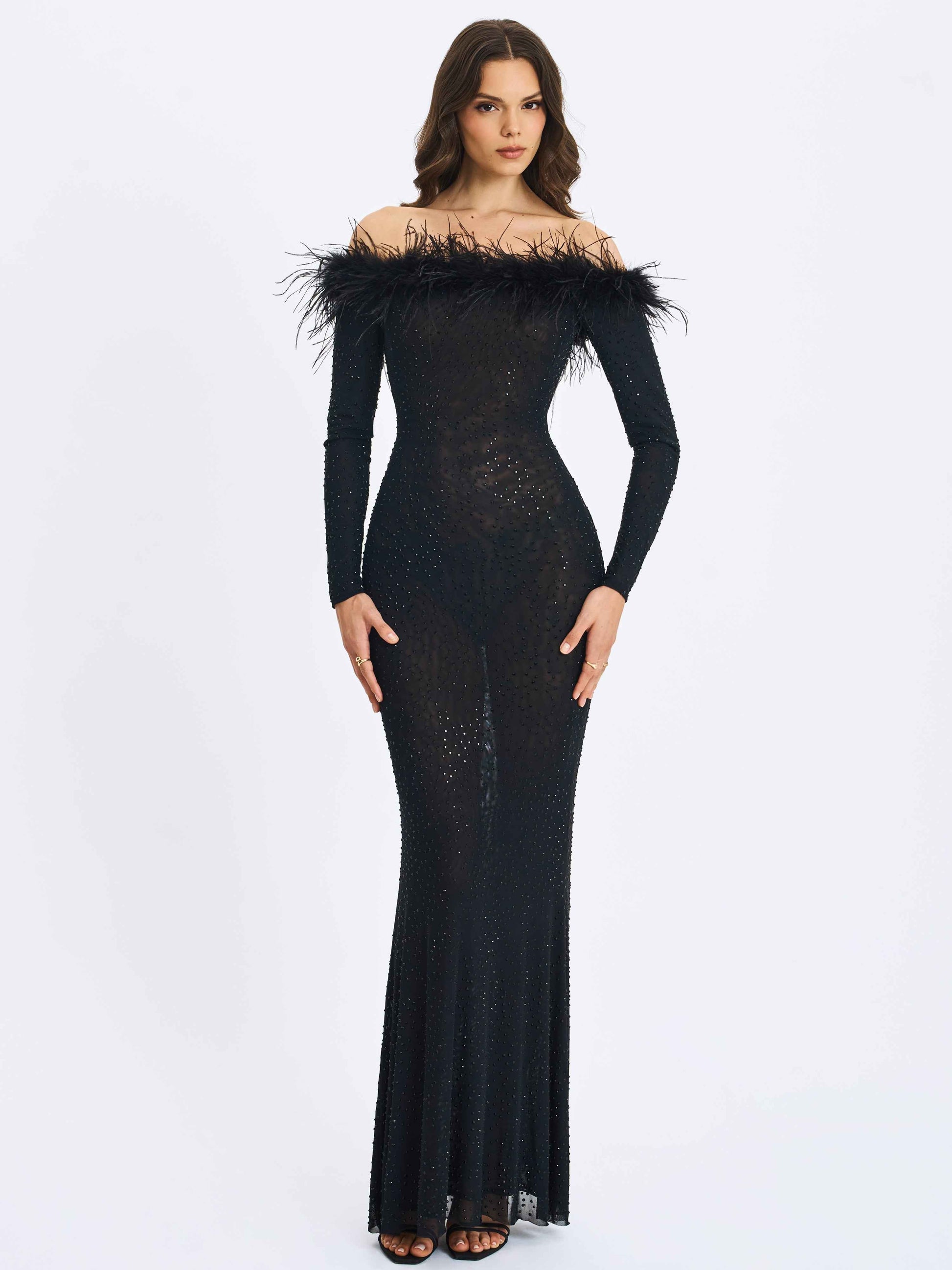 Emberly Black Fur Trimmed Off-Shoulder Rhinestone Mermaid Maxi Dress