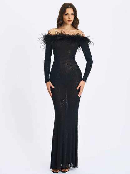 Emberly Black Fur Trimmed Off-Shoulder Rhinestone Mermaid Maxi Dress