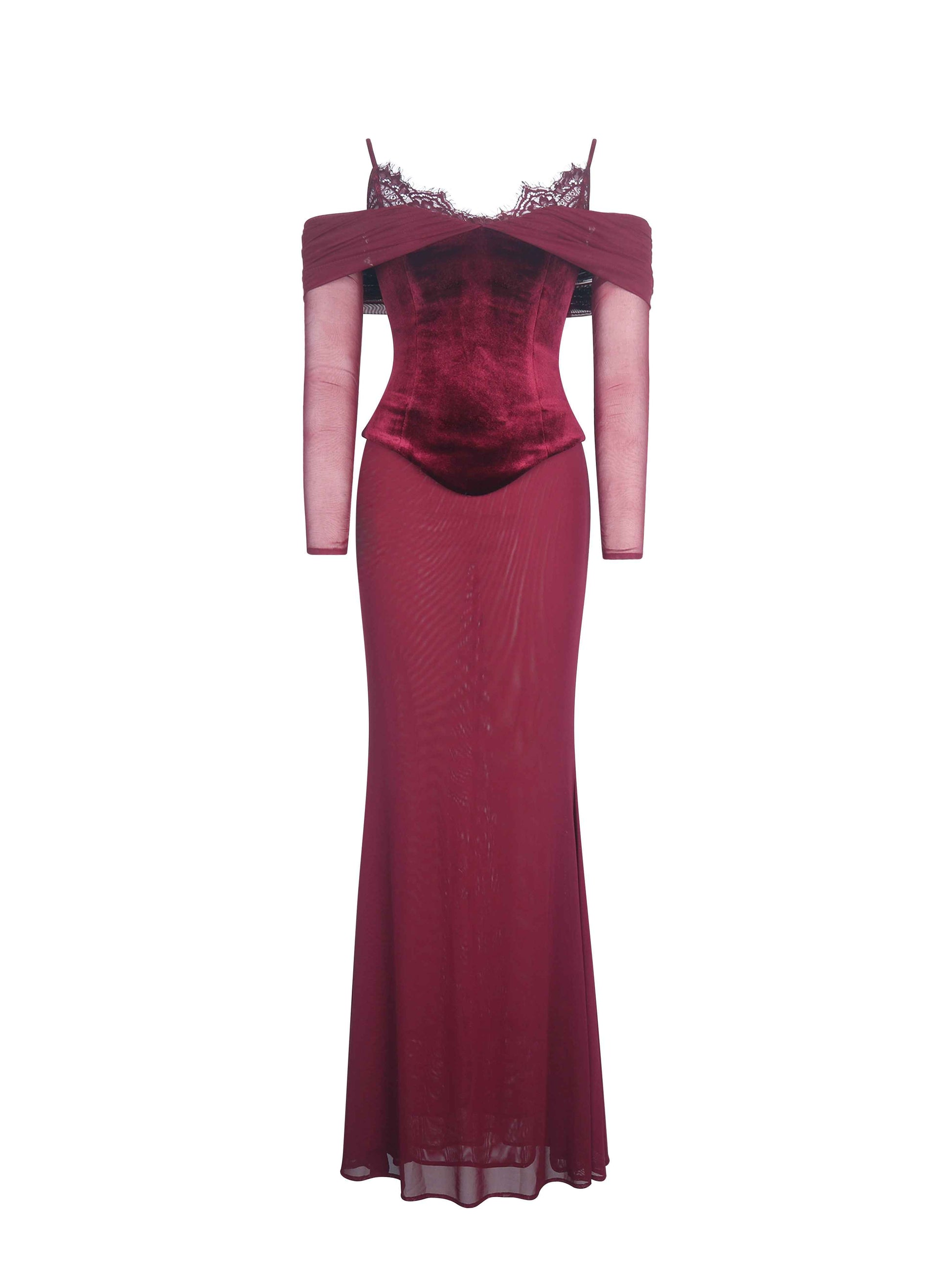 Maybelle Magenta Bardot Lace Strap Peplum Maxi Dress