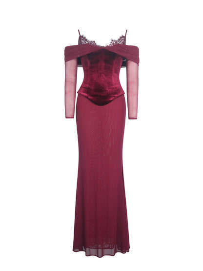 Maybelle Magenta Bardot Lace Strap Peplum Maxi Dress