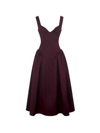 Omella Burgundy Ruched Bust Sweetheart Flared Midi Dress