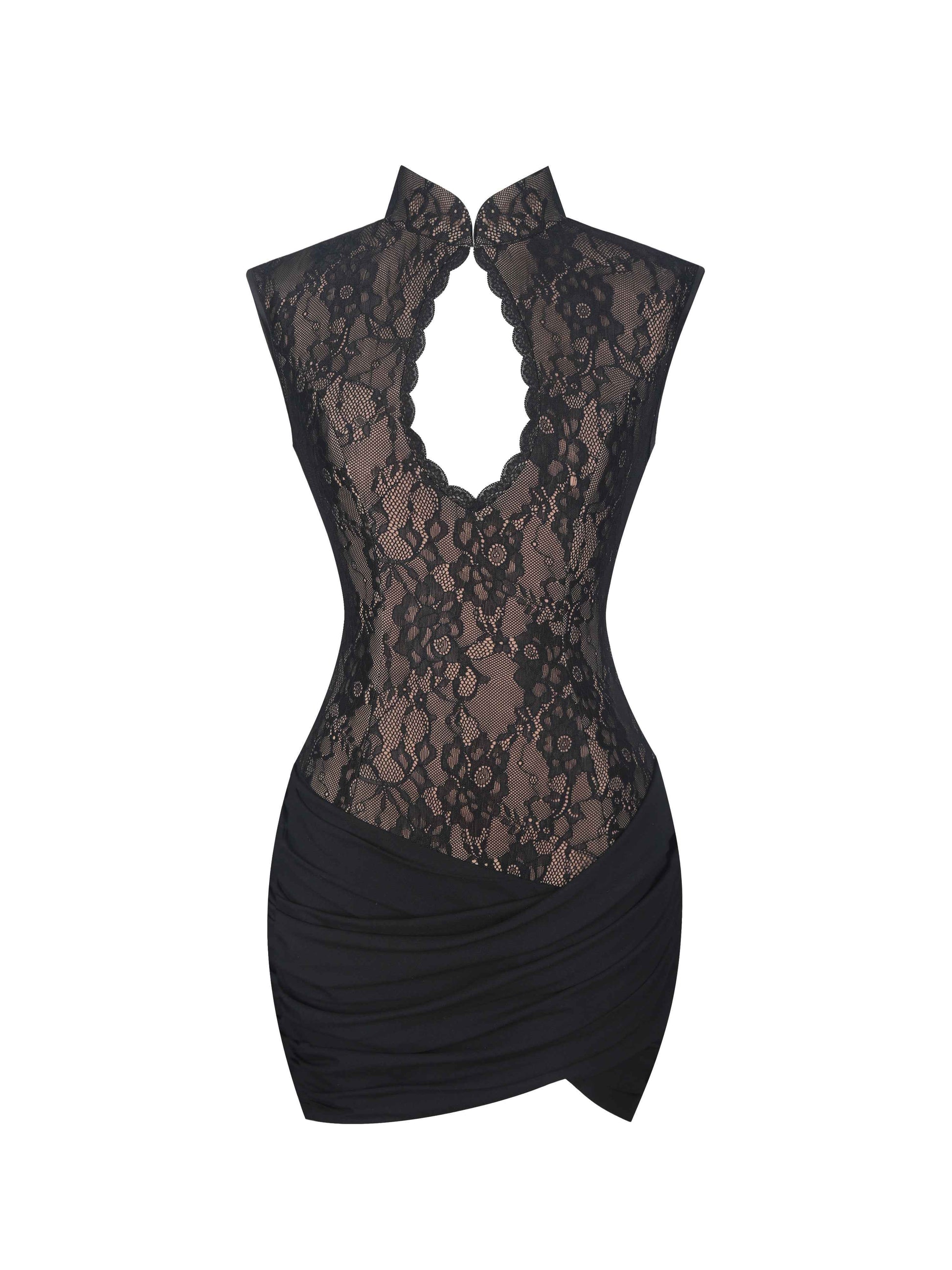 Valerie Black Lace Teardrop Neckline Ruched Mini Dress
