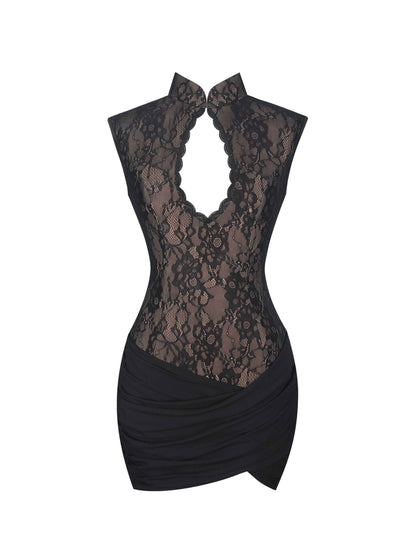 Valerie Black Lace Teardrop Neckline Ruched Mini Dress