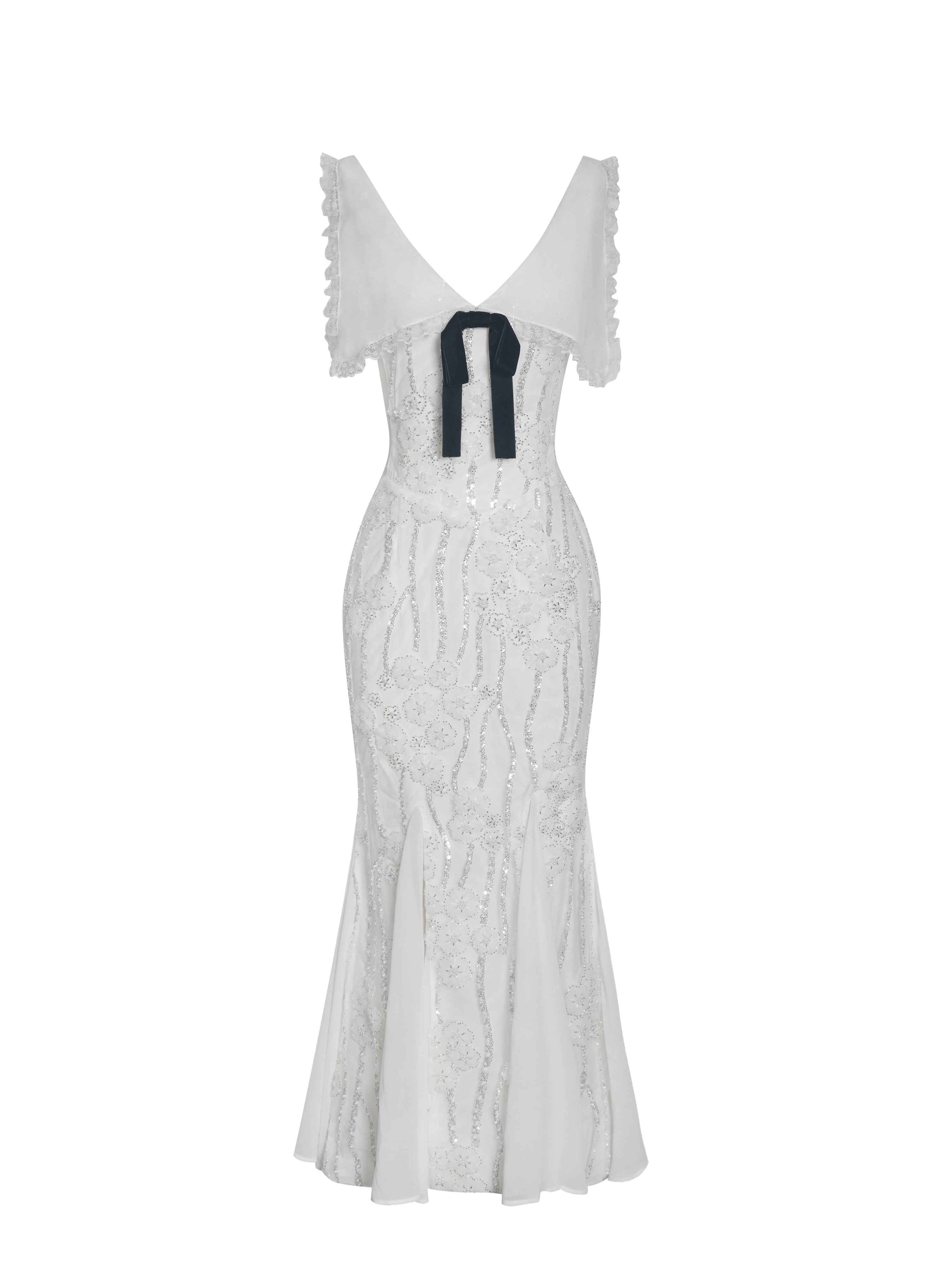 Paola White Peter Pan Collar Beaded Sequin Mermaid Midi Dress