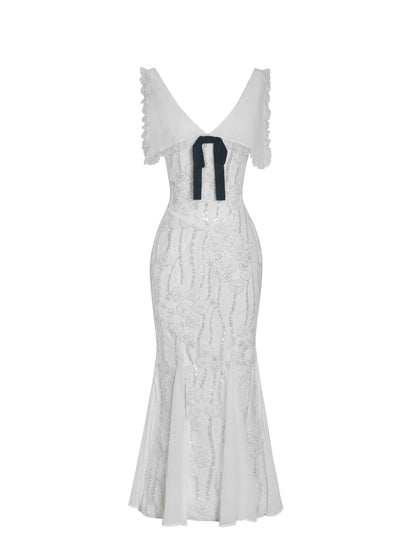 Paola White Peter Pan Collar Beaded Sequin Mermaid Midi Dress