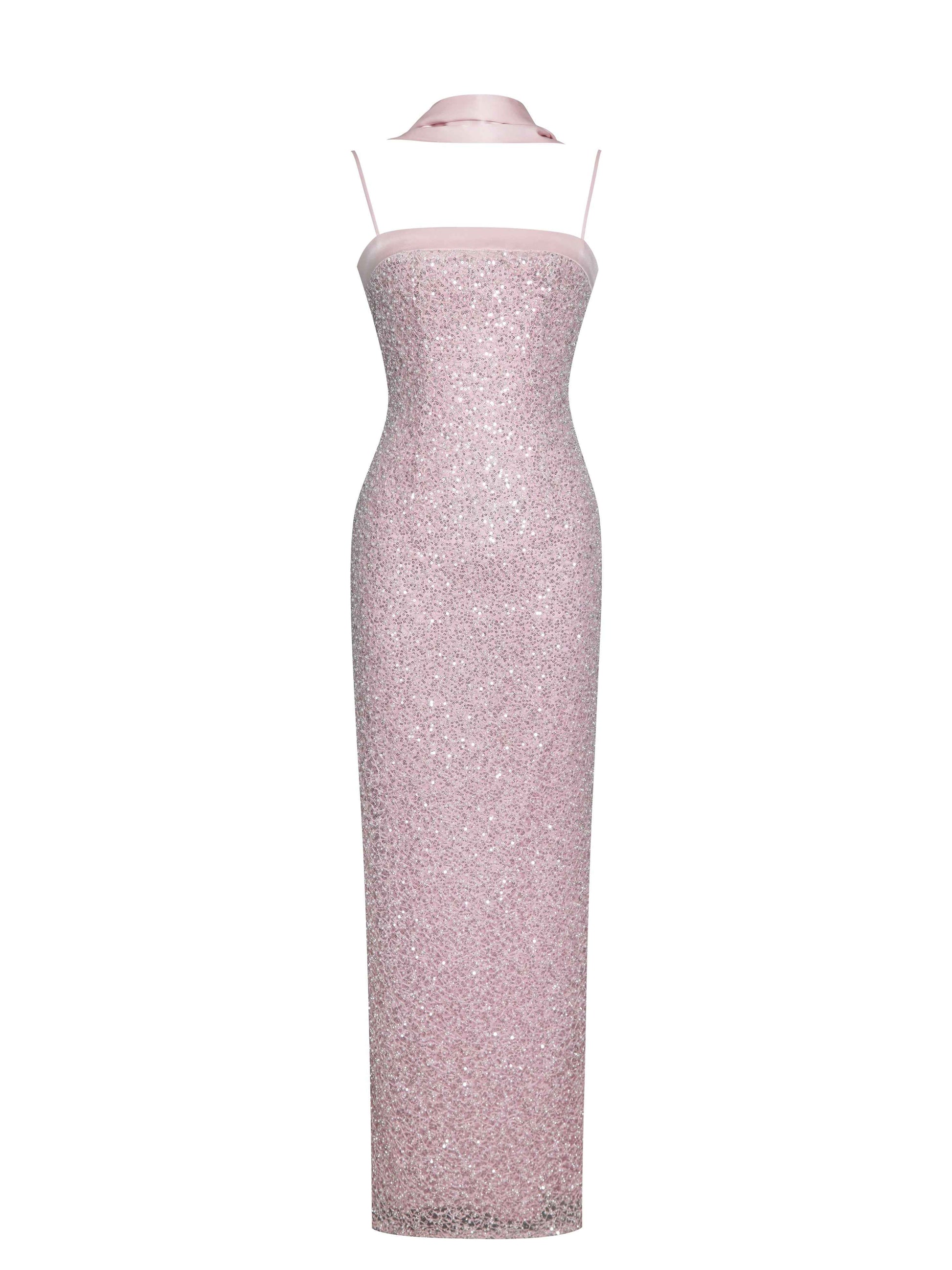 Raizel Pink Beaded Sequin Bodycon Gown with Scarf