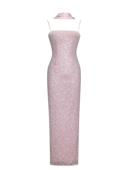 Raizel Pink Beaded Sequin Bodycon Gown with Scarf