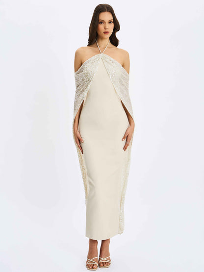Quimera Almond Beaded Cape Halter Off-Shoulder Maxi Gown