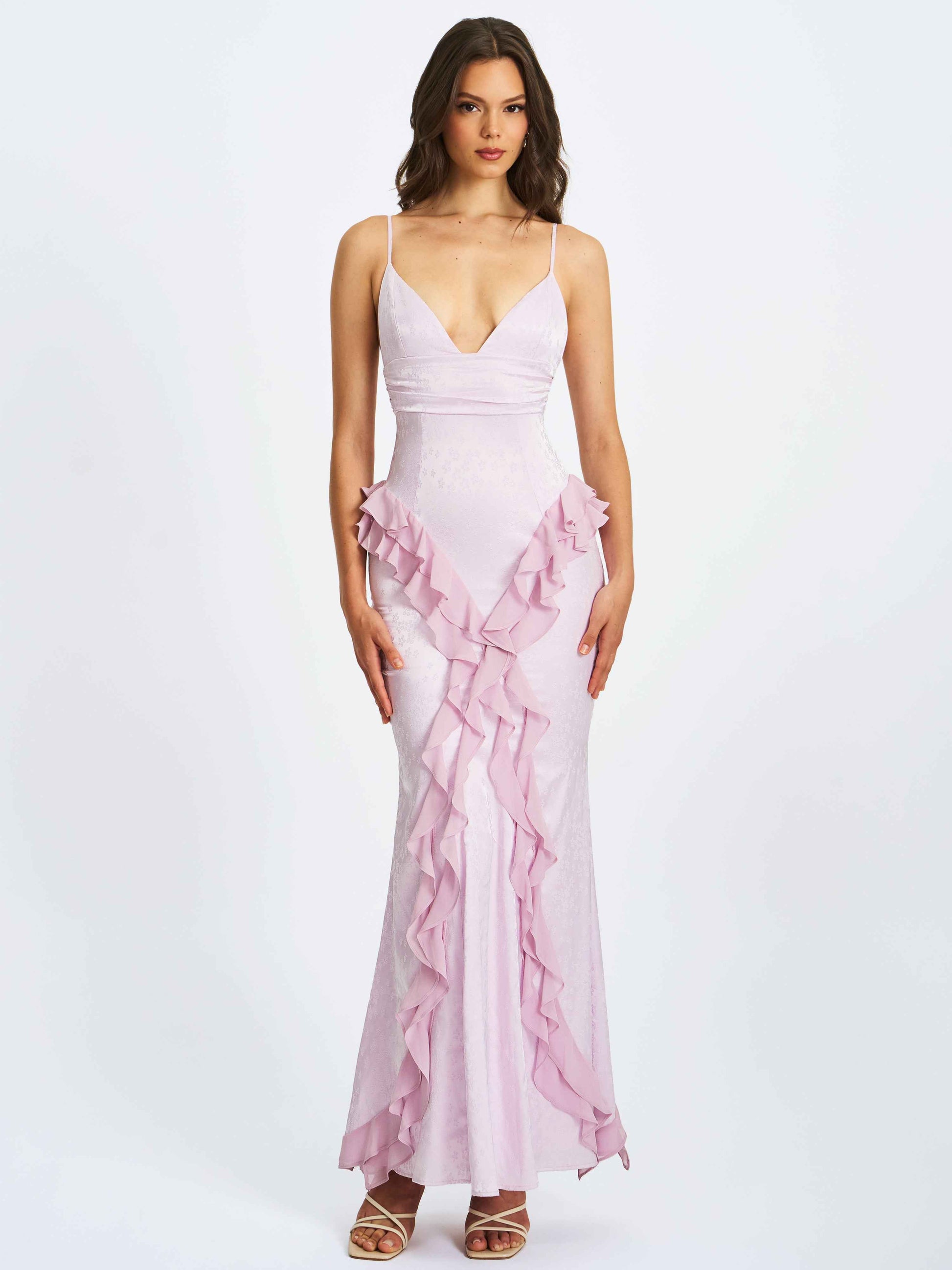 Paolina Taro Pink Jacquard Ruffle Mermaid Maxi Dress