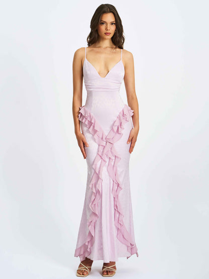 Paolina Taro Pink Jacquard Ruffle Mermaid Maxi Dress