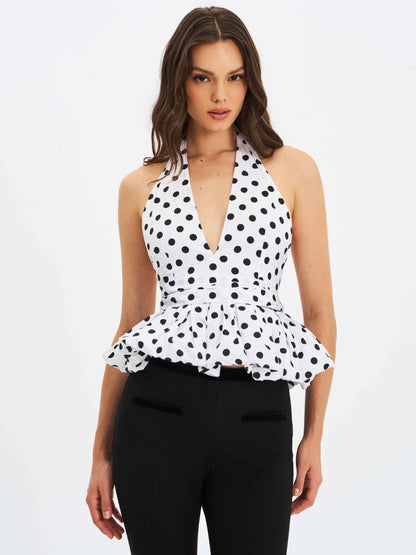 Ilene White and Black Polka Dot Bubble Hem Halter Top