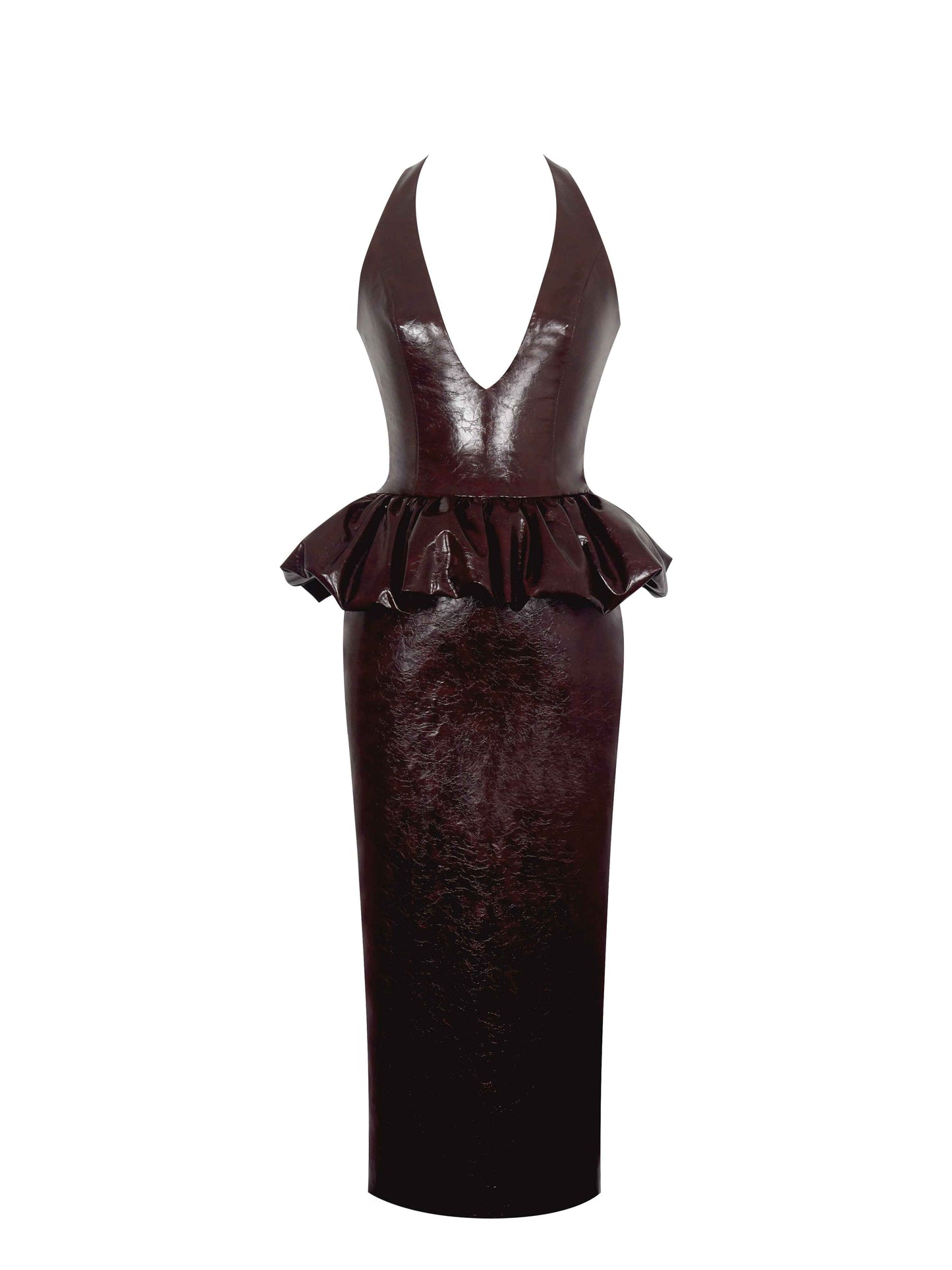 Jaslene Mahogany Ruched Peplum Plunge Halter Midi Dress