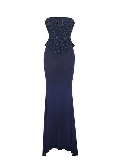 Orabelle Navy Beaded Peplum Mermaid Maxi Gown with Lace-up Back