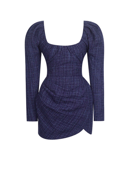 Denise Navy Tweed Ruched Puff Sleeve Mini Dress