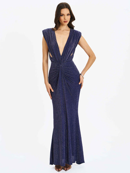 Terri Navy Sparkle Plunging Backless Maxi Dress