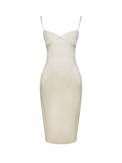 Gracie Butter Yellow Ruched Satin Midi Dress