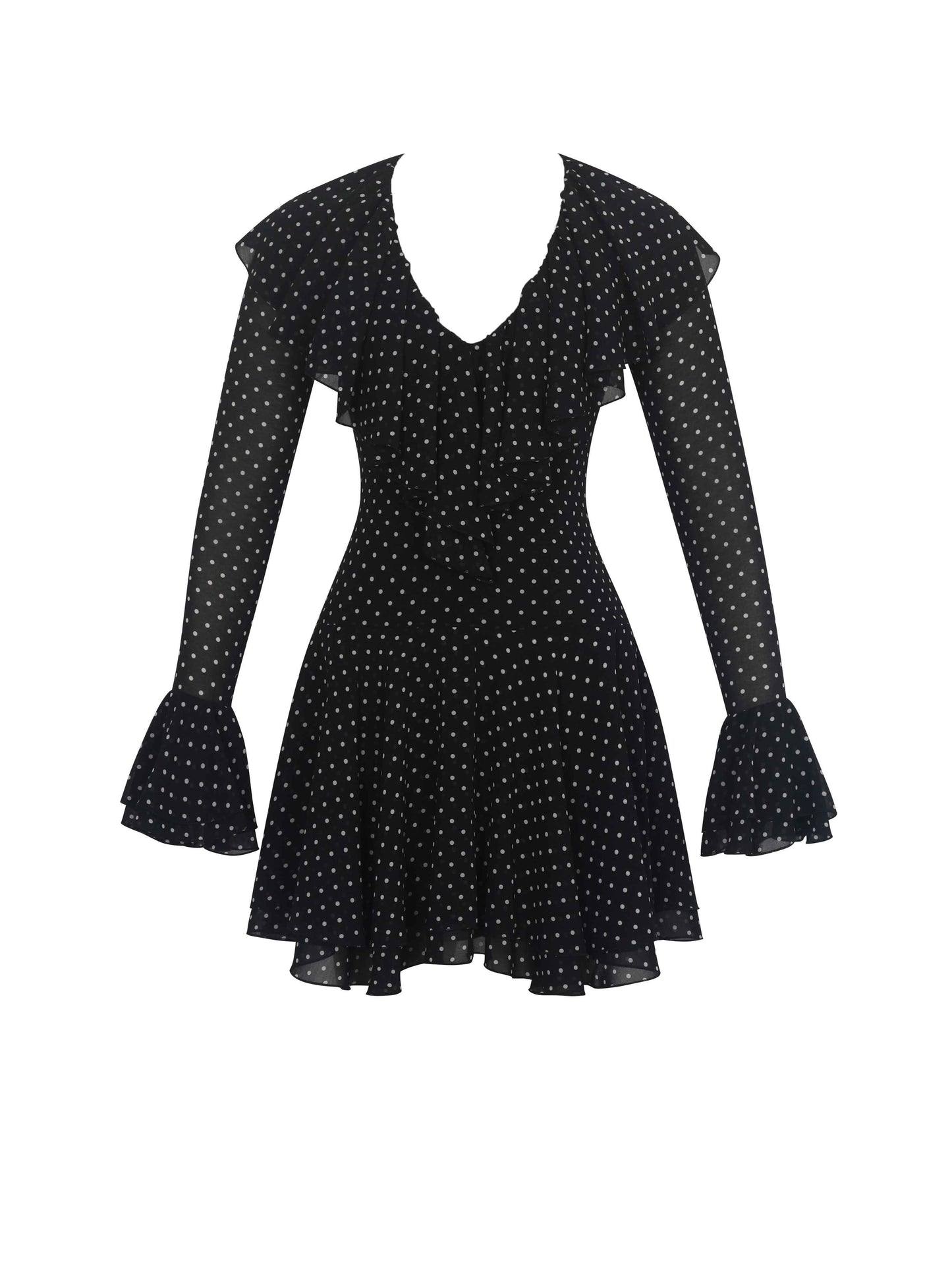 Omari Black Chiffon Polka Dot Ruffled Neckline Mini Dress