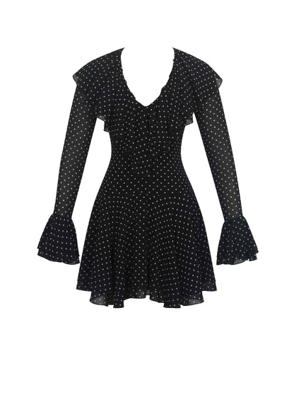 Omari Black Chiffon Polka Dot Ruffled Neckline Mini Dress