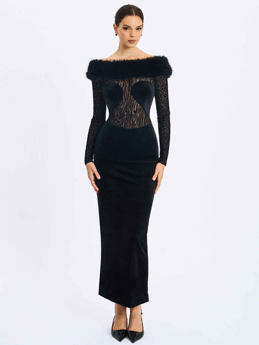 Alexis Black Velvet Animal Print Fur Boatneck Maxi Dress