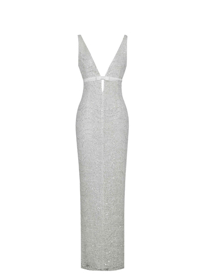 Adelaide White Beaded Sequin Net Bodycon Gown