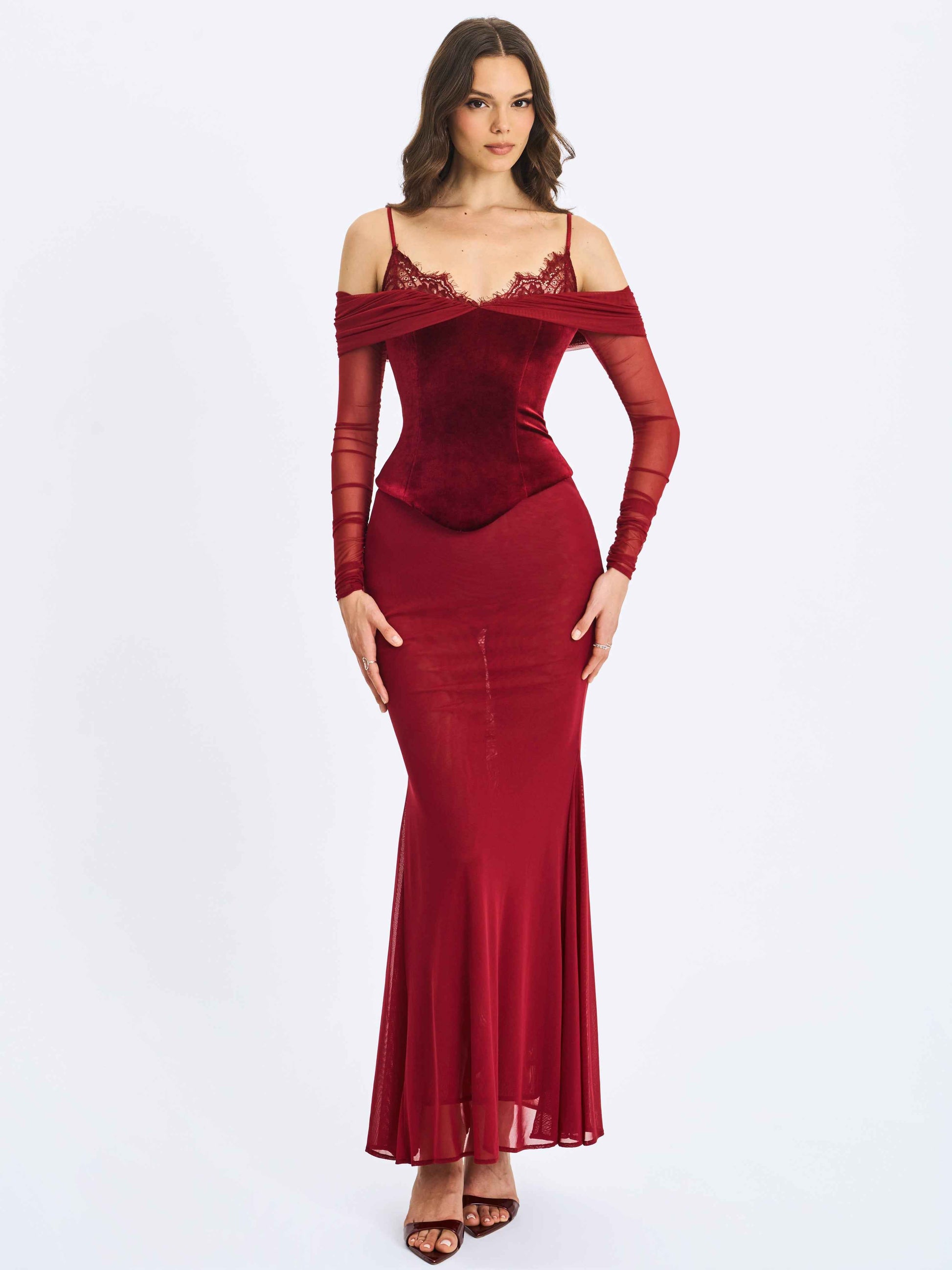 Maybelle Magenta Bardot Lace Strap Peplum Maxi Dress