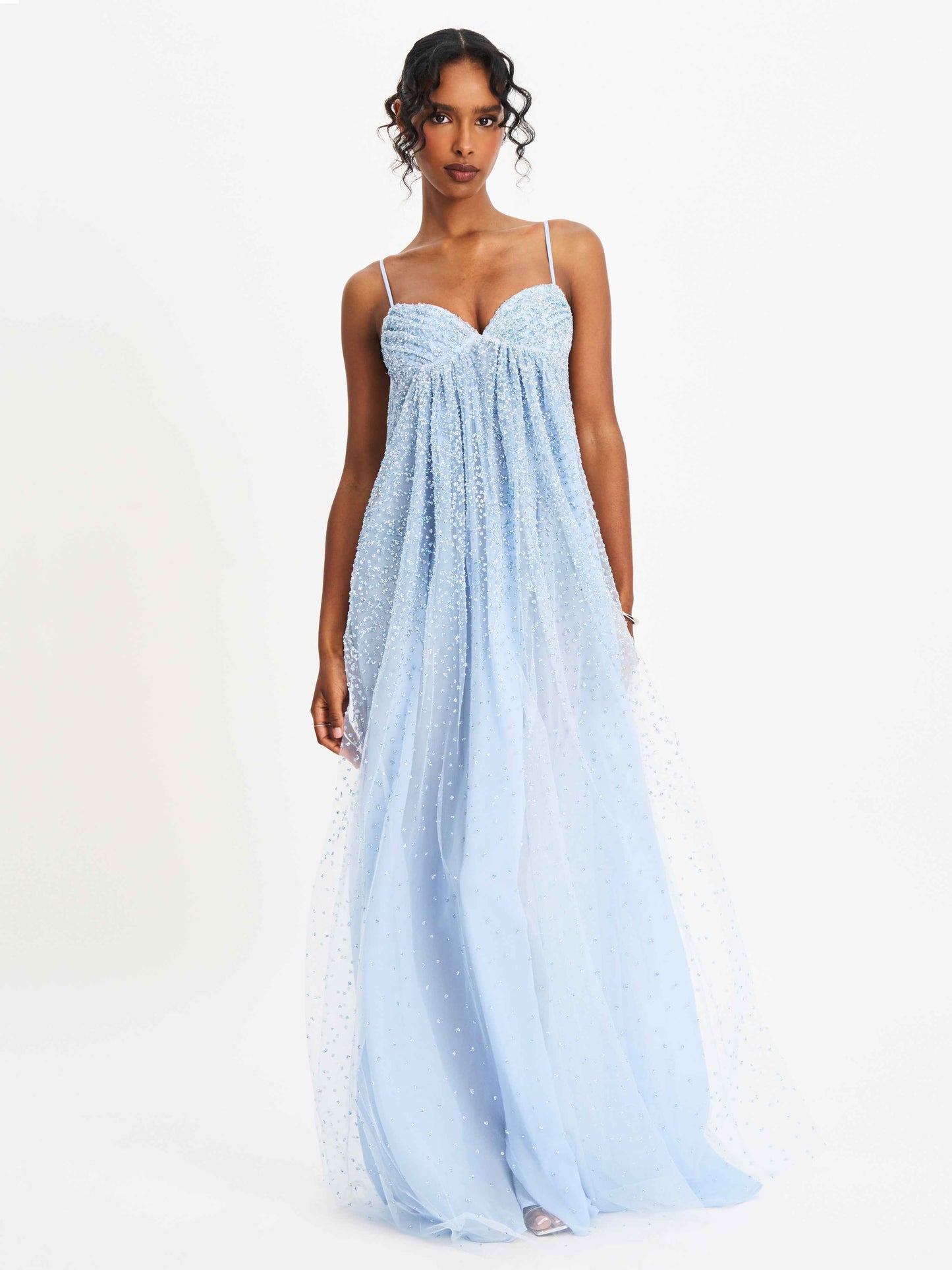 Wallie Baby Blue Rhinestone Embellished Mesh Backless Gown