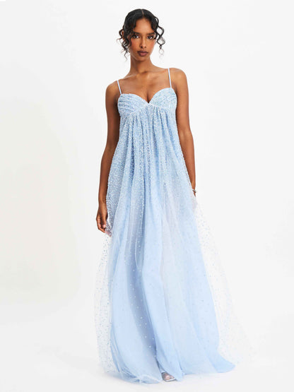 Wallie Baby Blue Rhinestone Embellished Mesh Backless Gown