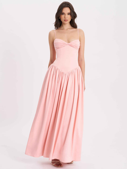 Najwa Baby Pink Ruched Breast Drop Waist Maxi Dress